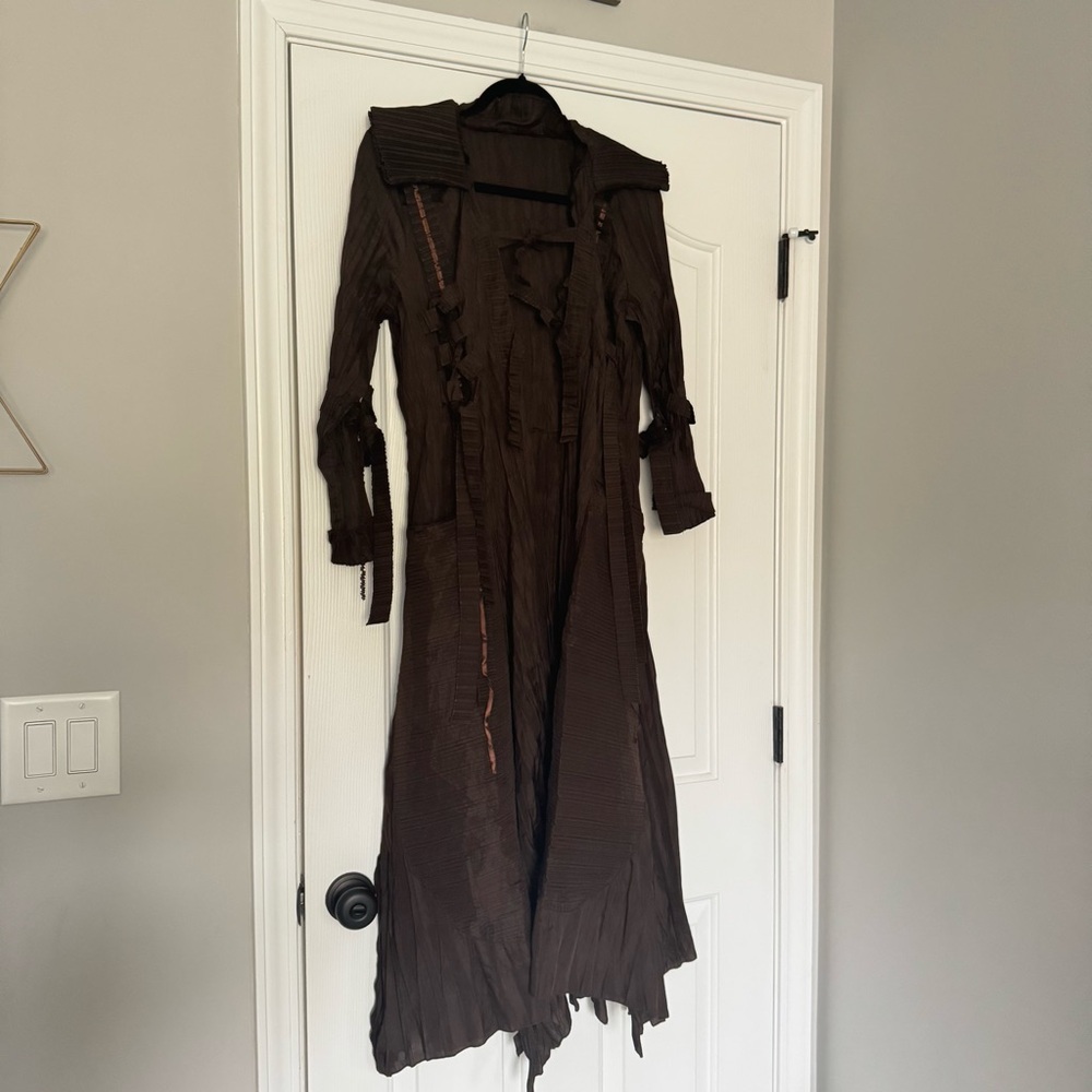 Masaki Matsuka Coffee Brown Crinkle Pleated Dress Coat
